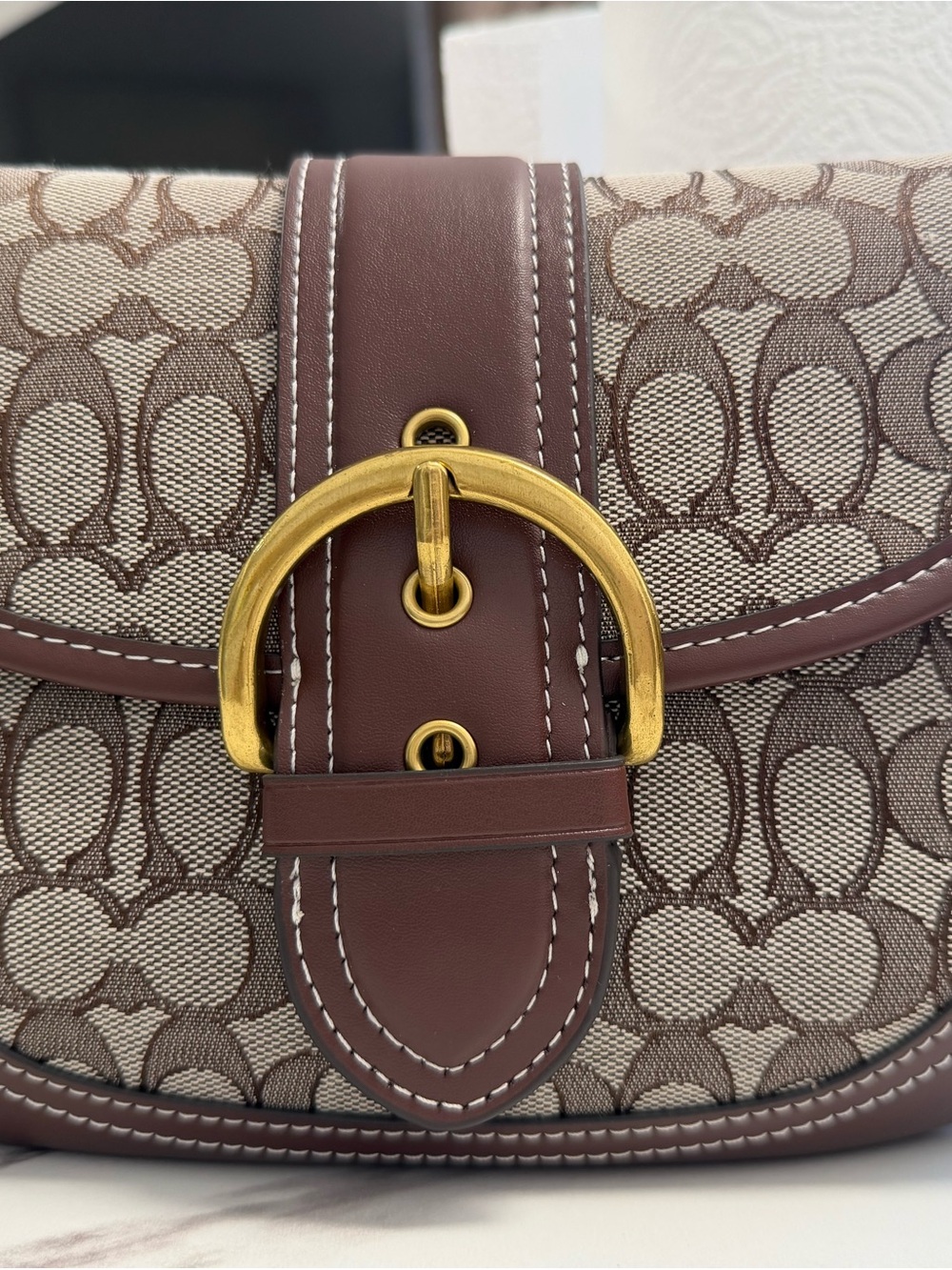 Coach Signature Canvas Crossbody in Brown and Cream with Gold Buckle